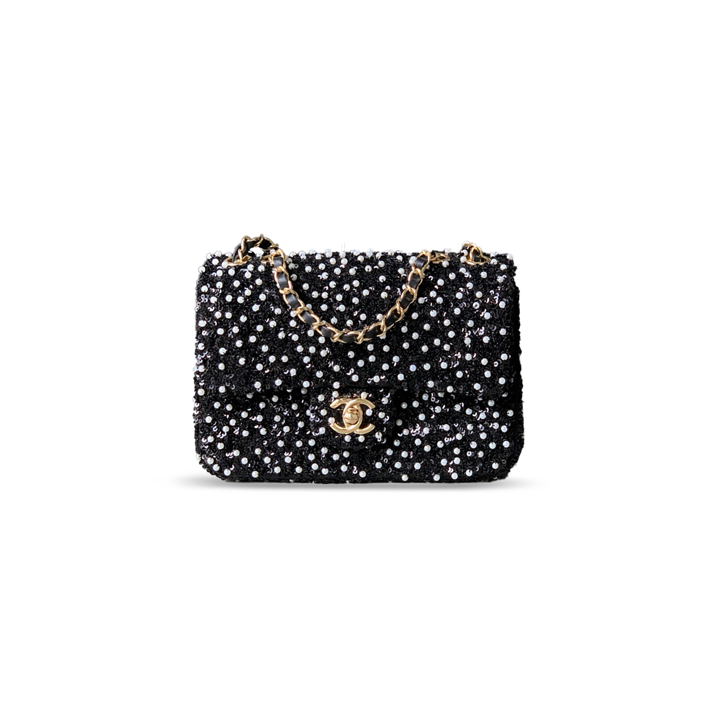 Ch*el mini classic flap bag pearl and sequins & gold metal black 295847 (20*12*6cm)